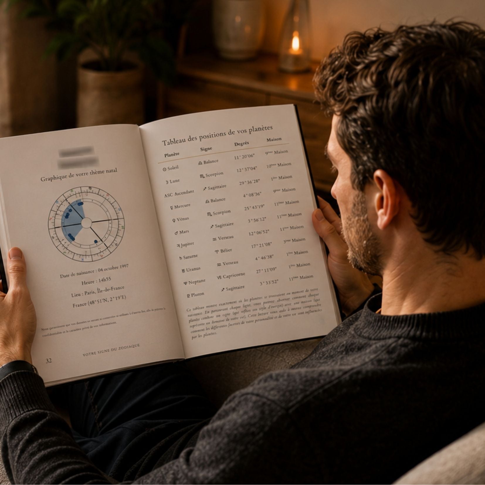 Homme lisant le livre papier personnalisé d'astrologie
