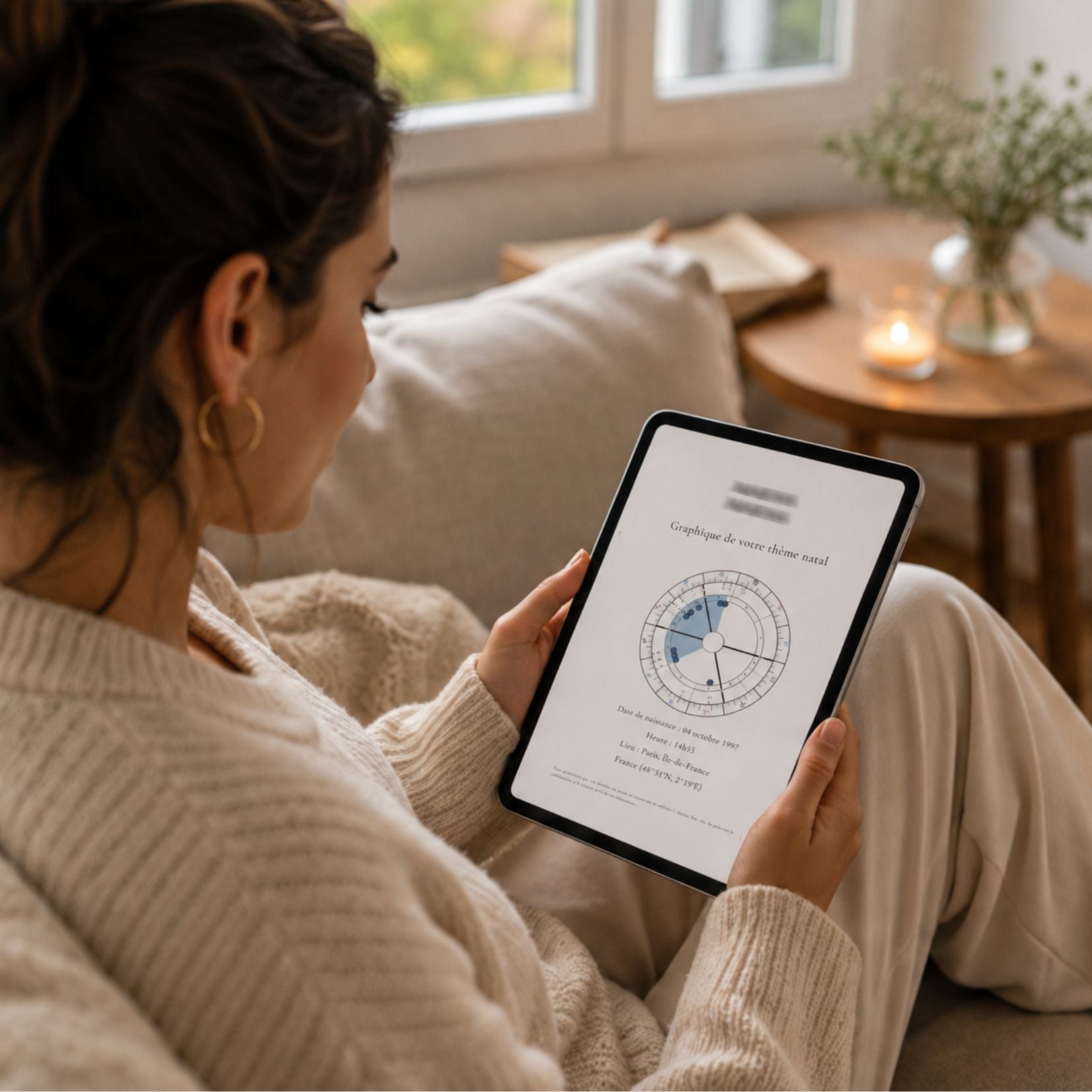 Femme lisant son livre astrologique personnalisé numérique au format PDF sur sa tablette
